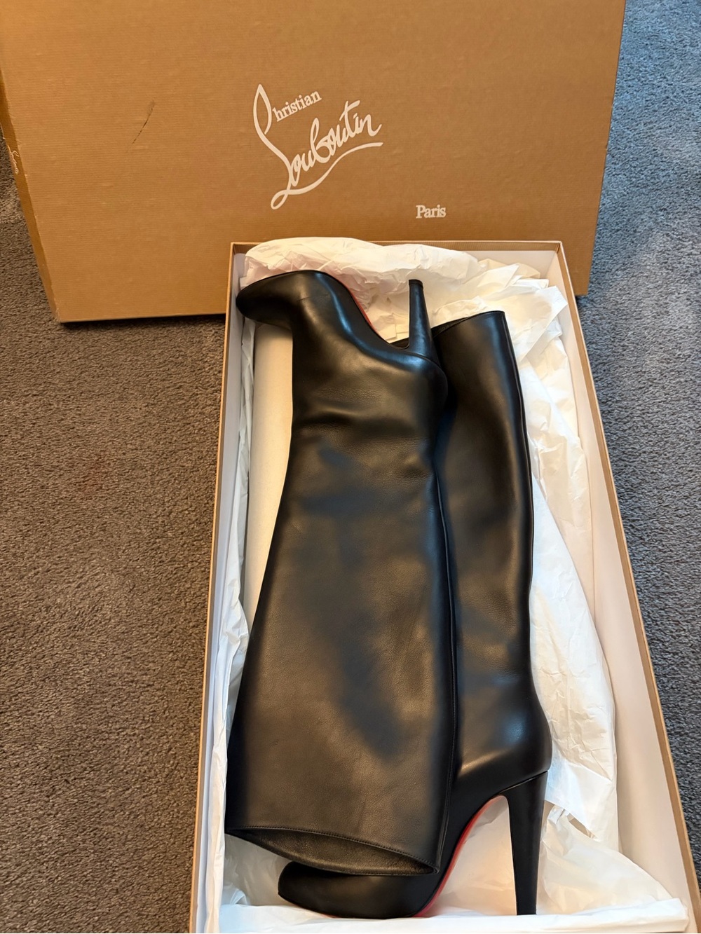 Christian Louboutin Black Leather Knee-High Stiletto Boots with Red Sole